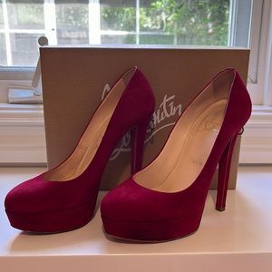 Christian Louvoutin Red Suede Platform Pumps with zipper on back of heel